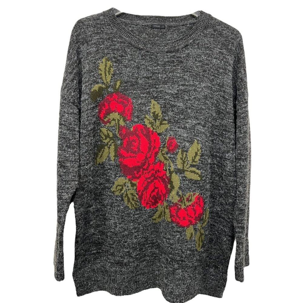 Oysho Size L Pullover Sweater Top Rose Embroidery Charcoal‎ Gray Knit Top